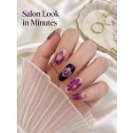 3D Purple Carved Floral Press‑On Nails, Medium Almond Black‑Purple Gradient Rhinestone False Nails